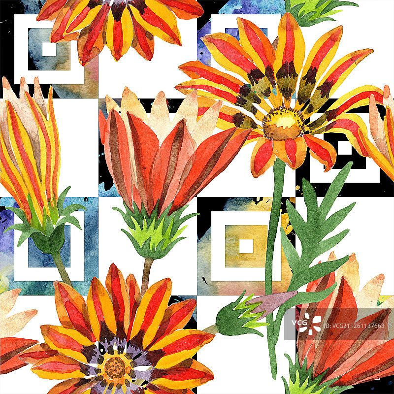 橘色勋章菊水彩无缝图案图片素材