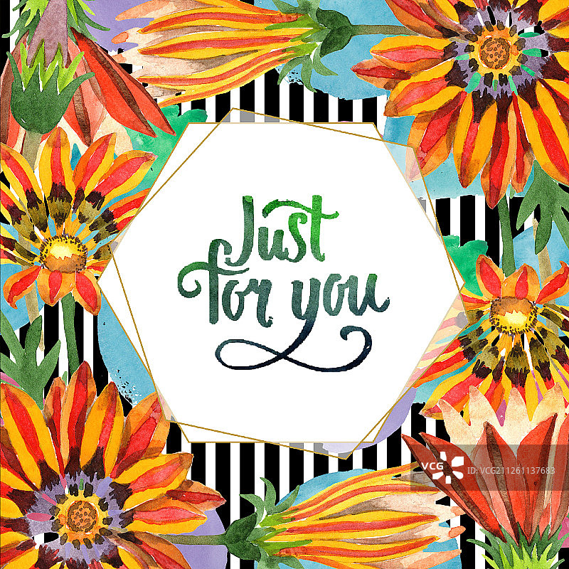 橙色嘉兰花水彩背景花框，手写字母组合图片素材