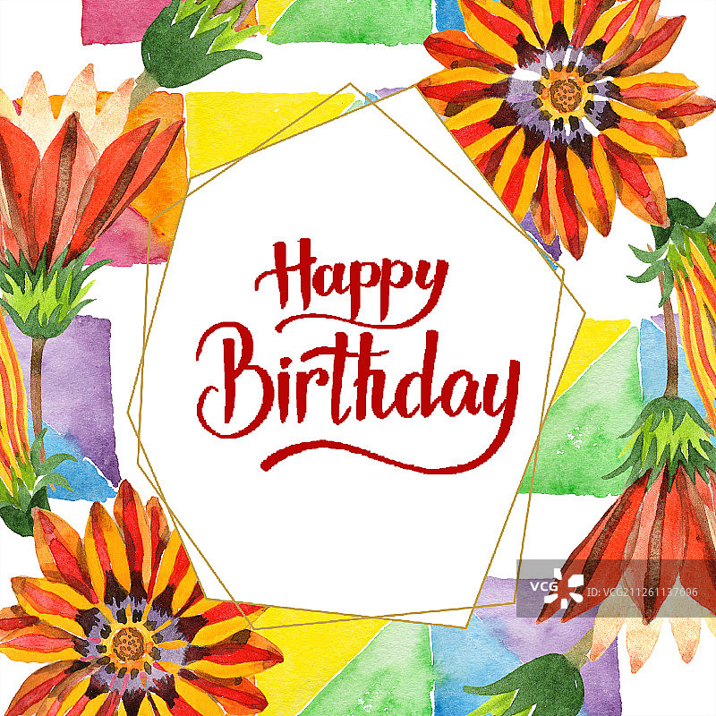 橙色非洲菊与生日快乐书法字图片素材