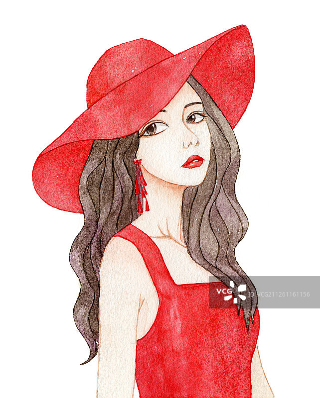 穿红色衣服戴着红色帽子的时尚美女 手绘水彩插画图片素材