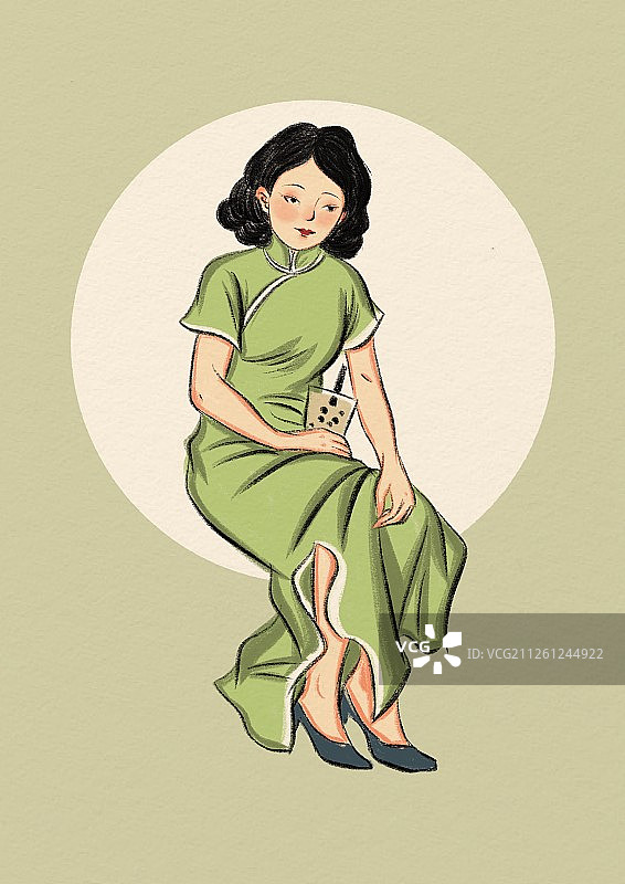 旗袍女孩也喝奶茶-1图片素材