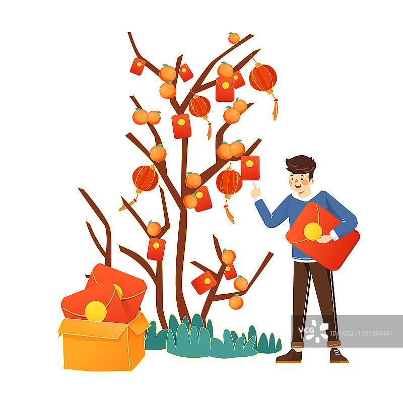 卡通新年摇钱树发财红包活动金融矢量背景插画图片素材