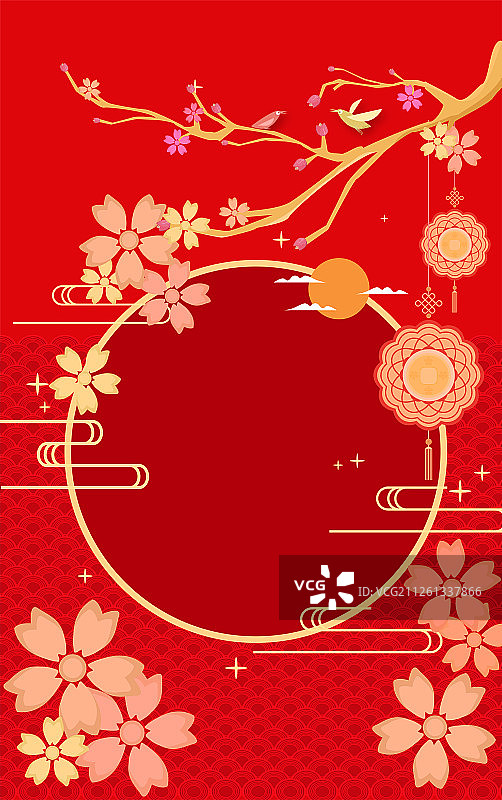 新年春节里挂灯笼庆祝，梅花盛开喜鹊飞上枝头海报插画背景图片素材