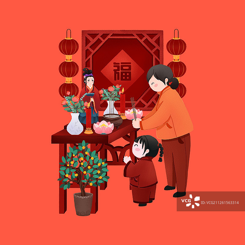 年俗正月十一姥姥孙女在红木窗前祭拜紫姑神像插画图片素材