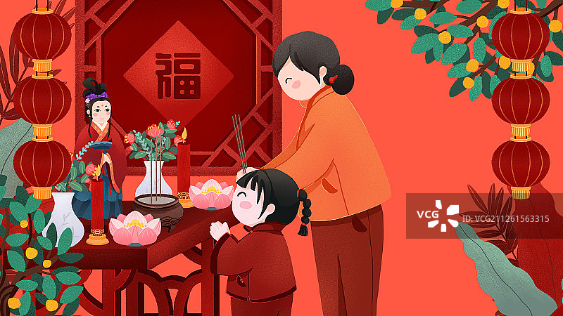年俗正月十一姥姥孙女在红木窗前祭拜紫姑神像插画横版图片素材