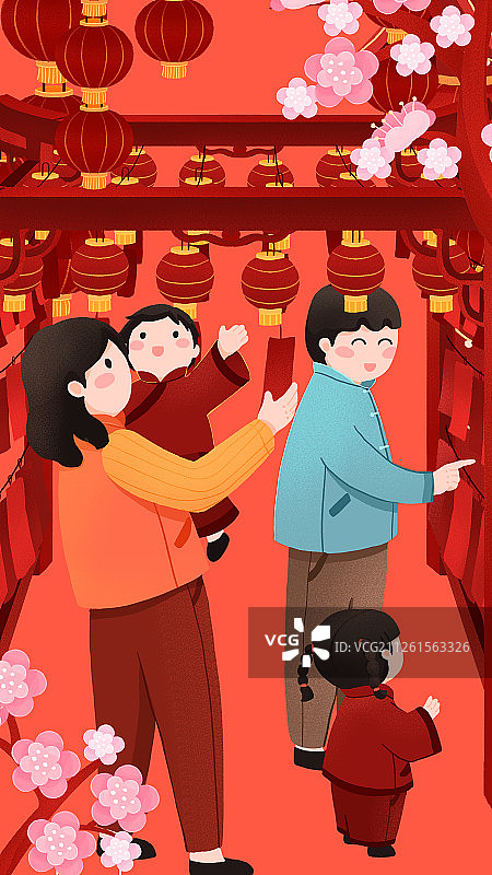 年俗正月十四一家四口在元宵节前猜灯谜赏花灯插画竖版图片素材