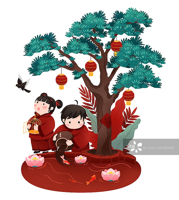 年俗大年初八男孩女孩在松树下放生喜鹊锦鲤祈福插画图片素材