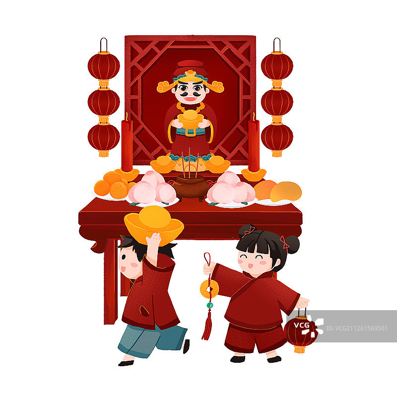 年俗大年初二举着元宝的男孩女孩祭财神手绘插画图片素材