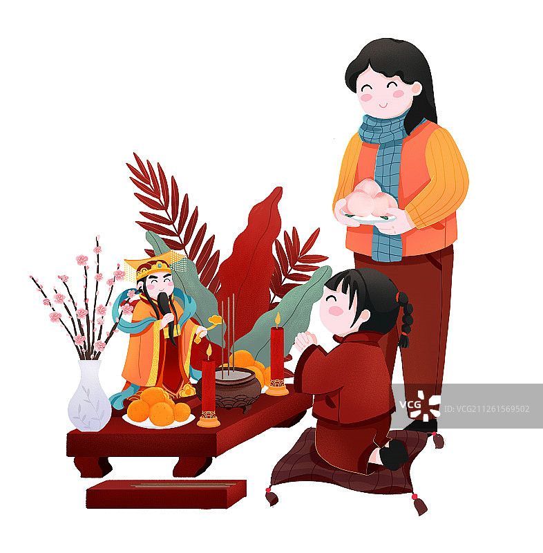 年俗大年初九母亲与孩子祭拜玉皇大帝祈福手绘插画图片素材