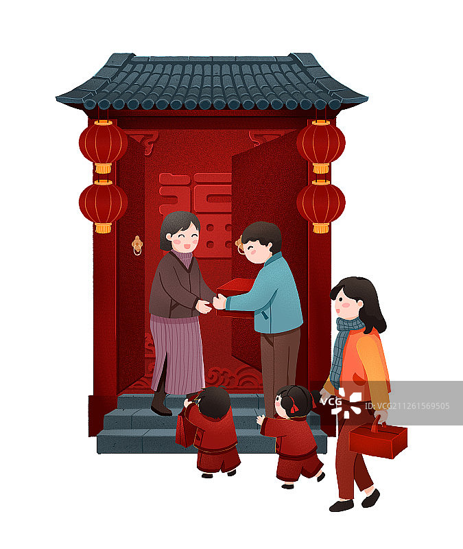 年俗大年初三女婿看望老丈人媳妇回娘家带礼物手绘插画图片素材