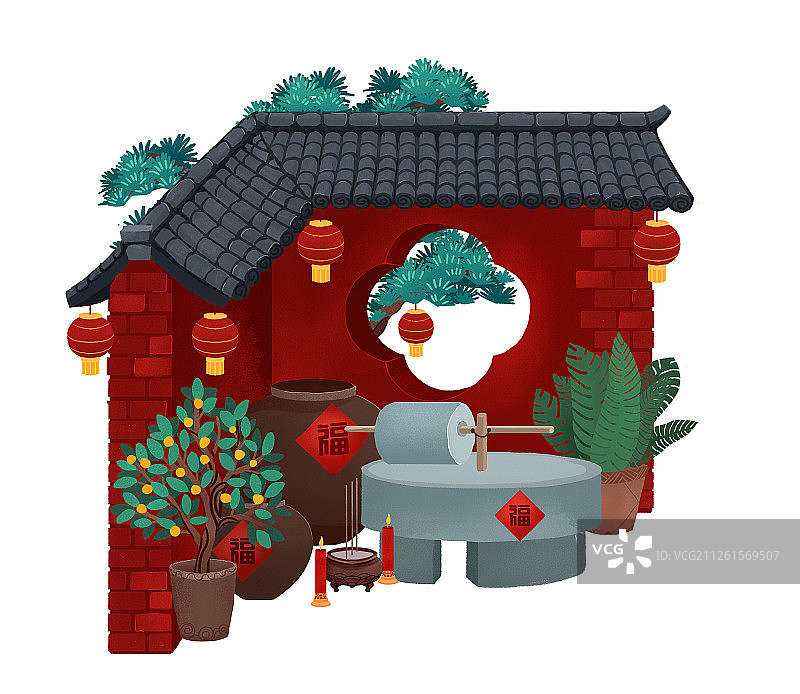 年俗大年初十青瓦红墙角祭祀石头水缸石碾插画图片素材