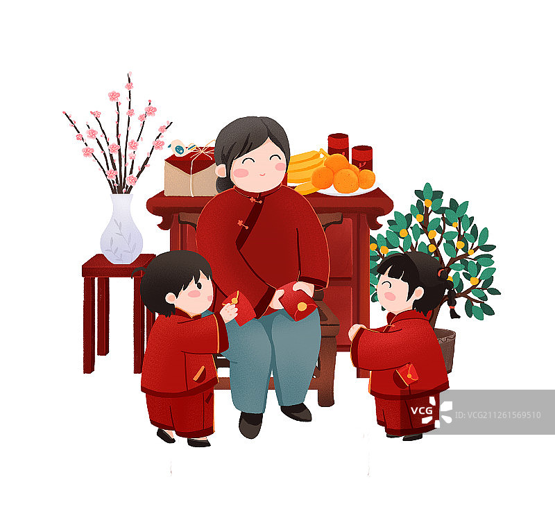 年俗大年初一给长辈拜年收压岁钱手绘插画图片素材