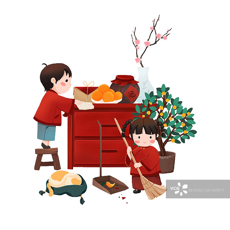 年俗腊月二十四姐弟俩掸尘扫房子清洁卫生手绘插画图片素材