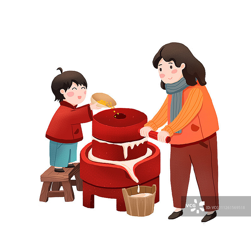 年俗腊月二十五母亲与孩子推磨做豆腐手绘插画图片素材