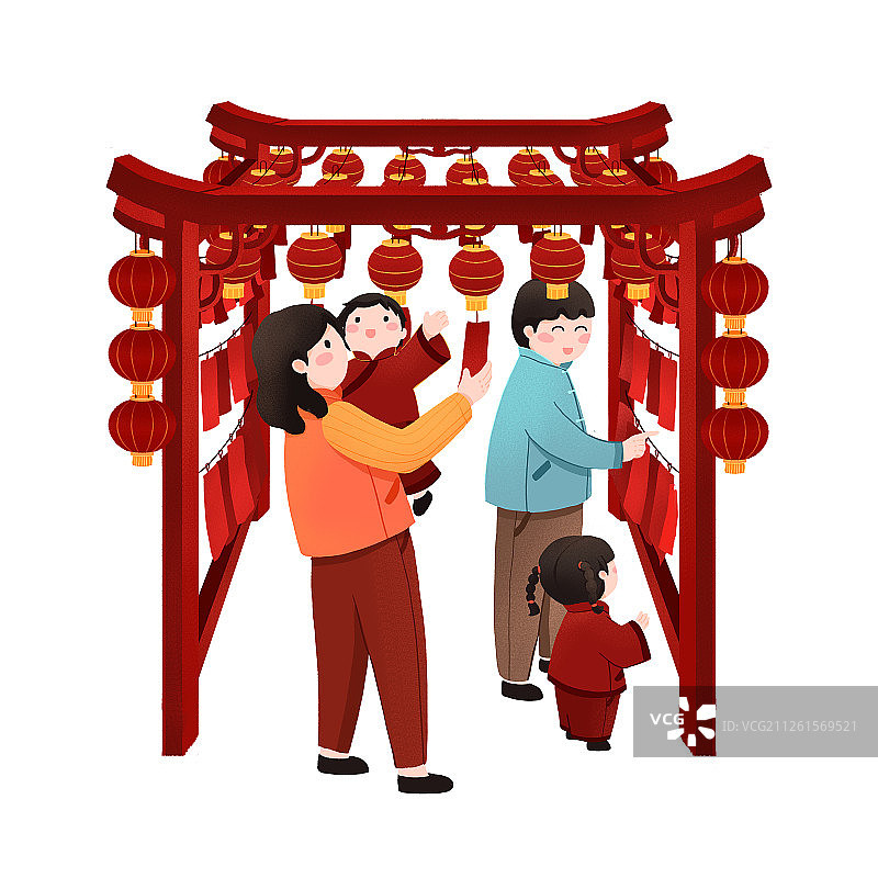 年俗正月十四一家四口在元宵节前猜灯谜赏花灯插画1图片素材