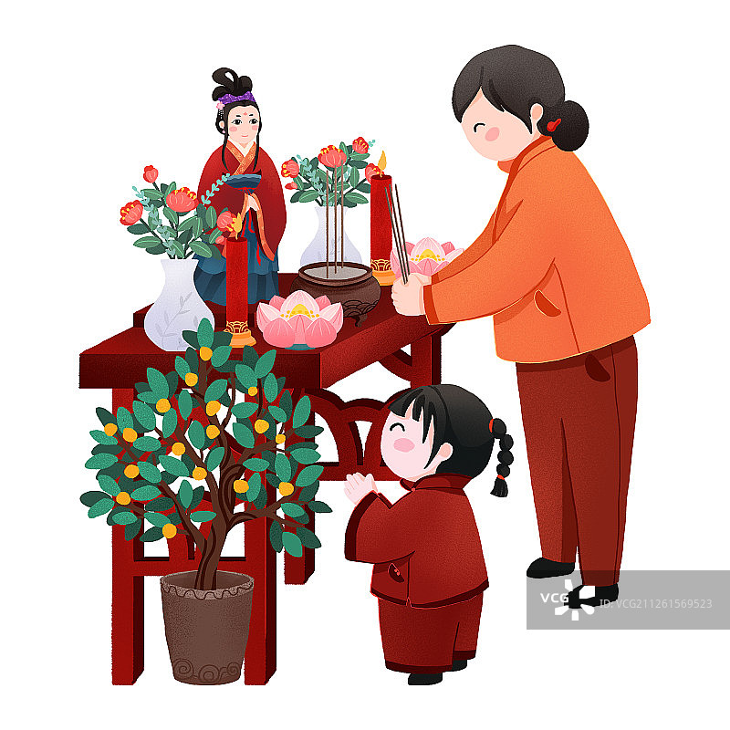 年俗正月十一姥姥孙女祭拜紫姑神像插画图片素材