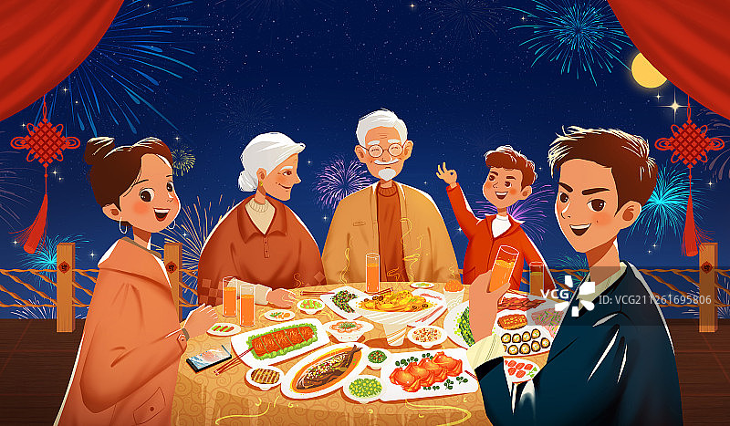 春节吃年夜饭的一家人 新年合家欢吃团圆饭插画横版图片素材