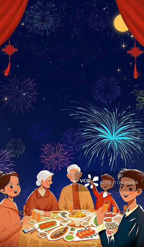 春节吃年夜饭的一家人 新年合家欢吃团圆饭插画竖版图片素材