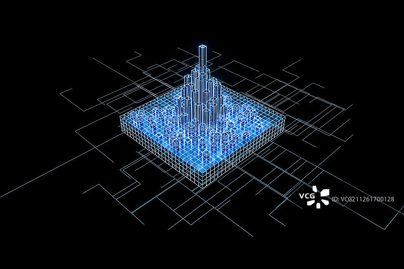 蓝色发光线条立方体背景 三维渲染图片素材