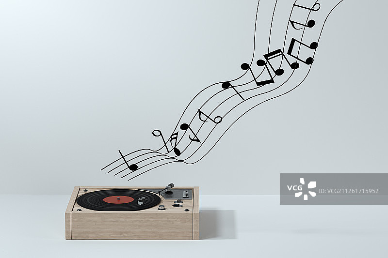木纹黑胶唱片机与流动的旋律 三维渲染图片素材