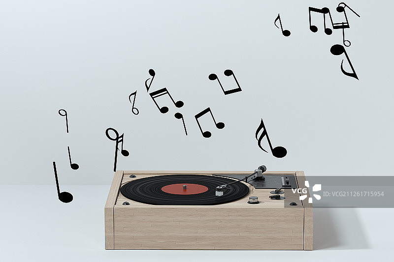 木纹黑胶唱片机与流动的旋律 三维渲染图片素材