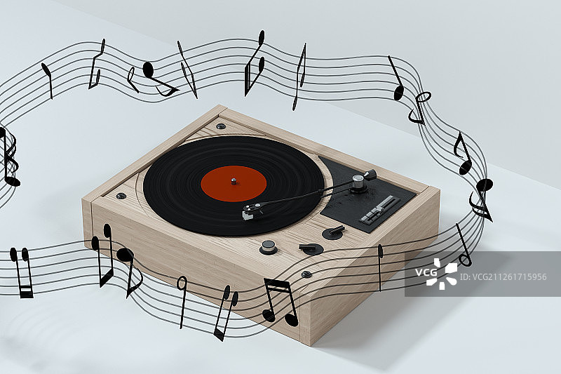 木纹黑胶唱片机与流动的旋律 三维渲染图片素材