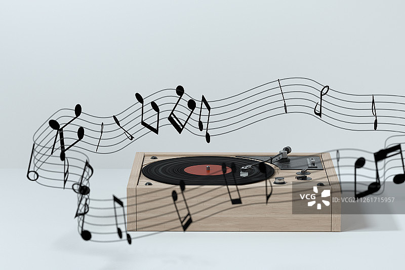 木纹黑胶唱片机与流动的旋律 三维渲染图片素材