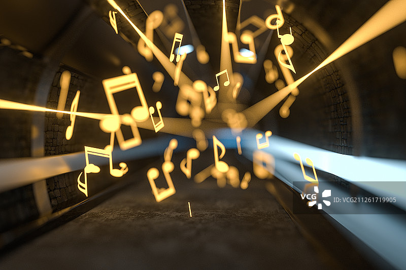闪亮发光的音符与隧道舞台背景 三维渲染图片素材