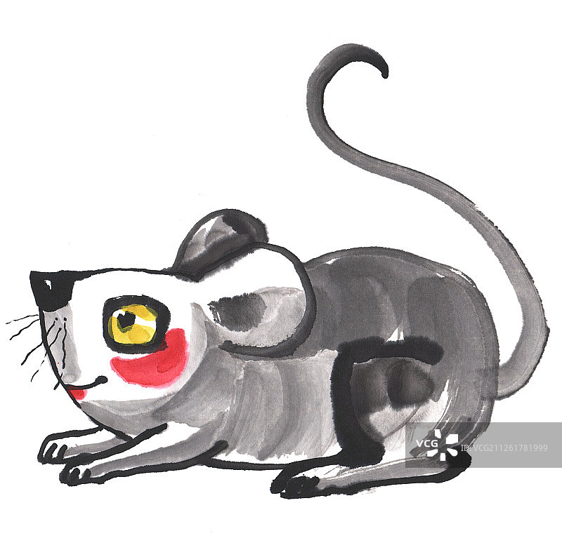 国画水墨插画-在地面上的可爱小老鼠图片素材