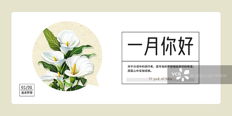 一月你好清新马蹄莲圆构图月份海报横版图片素材