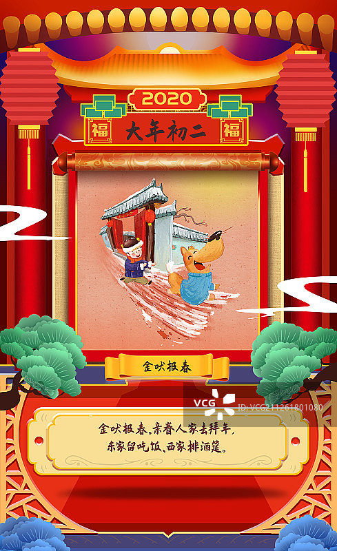 水彩风格童趣年俗大年初二插画海报图片素材