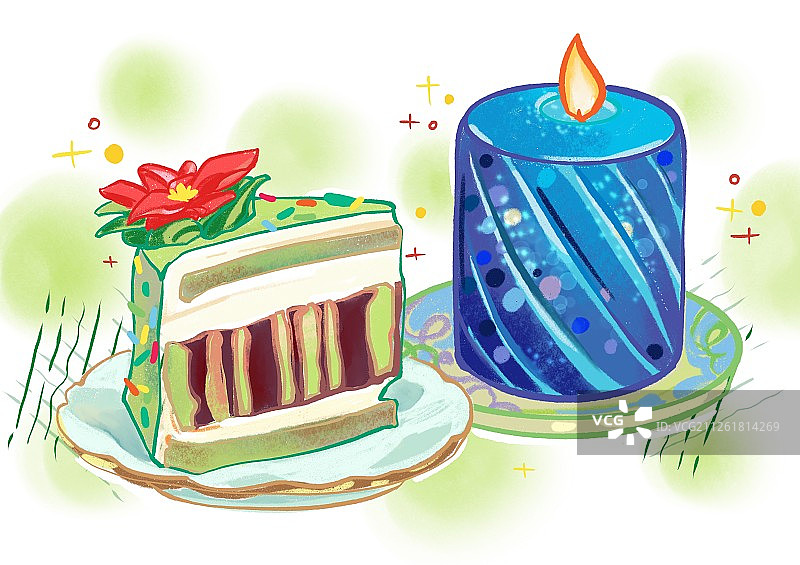 圣诞节元素 切块蛋糕加蓝色蜡烛组合 清新背景加小元素图片素材