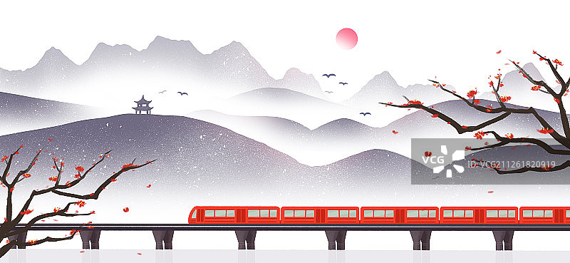 旅行列车和梅花山水横图图片素材