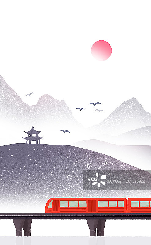 淡雅的旅行列车和山水竖图图片素材