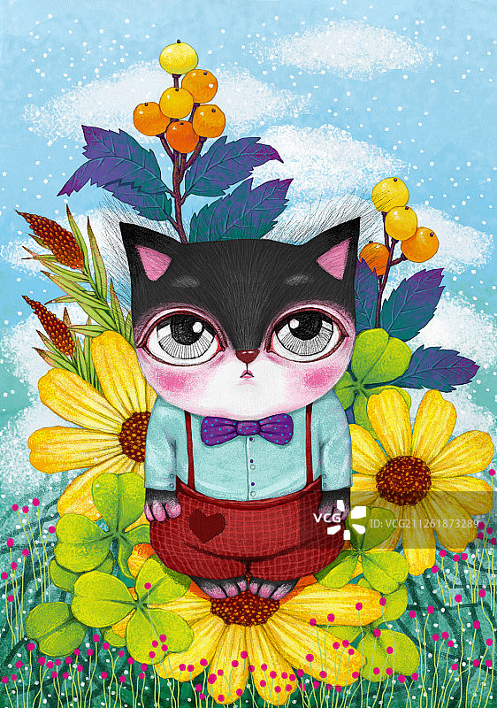儿童插画动物插画-站在花朵上往上看的猫图片素材