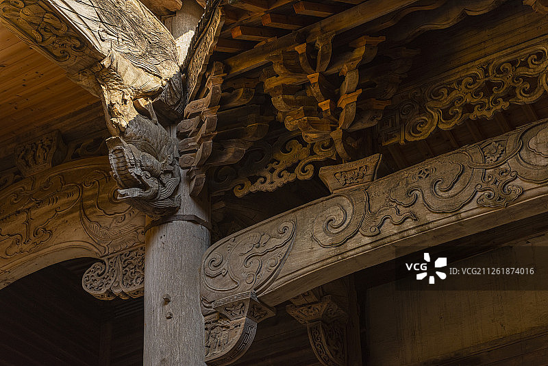 江西婺源徽派建筑汪口俞氏宗祠建筑及木雕艺术图片素材