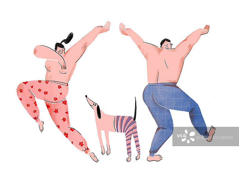 穿秋裤的情侣男女和宠物狗插图手绘图片素材