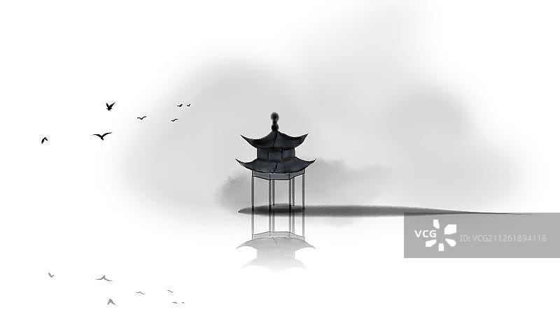 水边亭子鸟图片素材