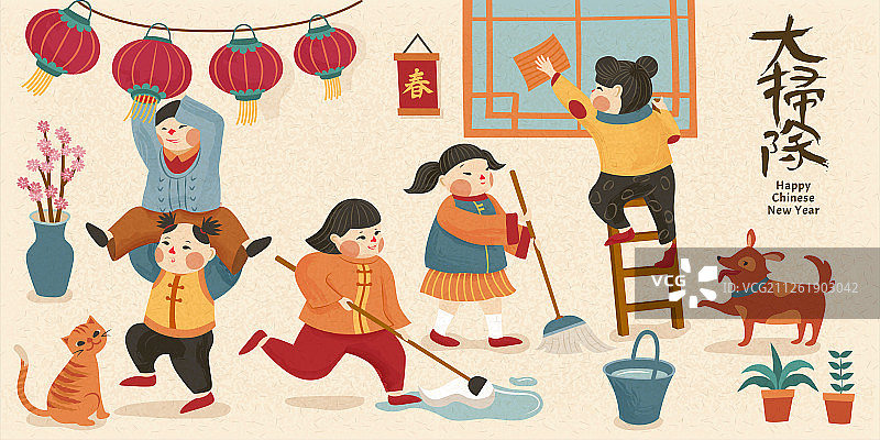 农历年家庭大扫除人物插图图片素材