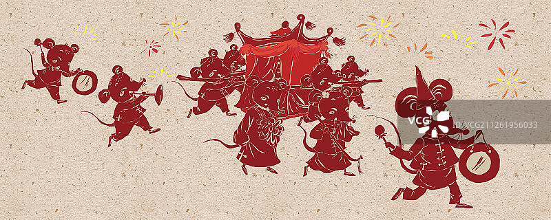 中国风剪纸风鼠年春节-老鼠嫁女图片素材