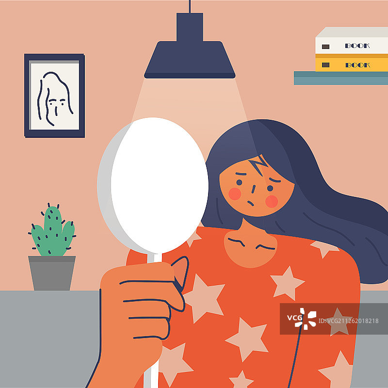 照镜子卡通女孩图片素材