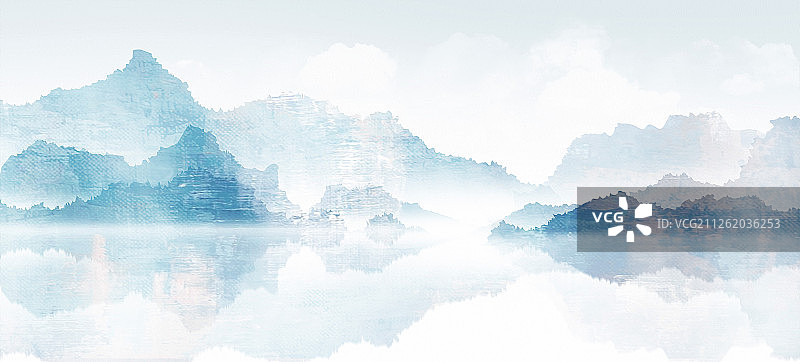 蓝色山水画  简约意境手绘山水图片素材
