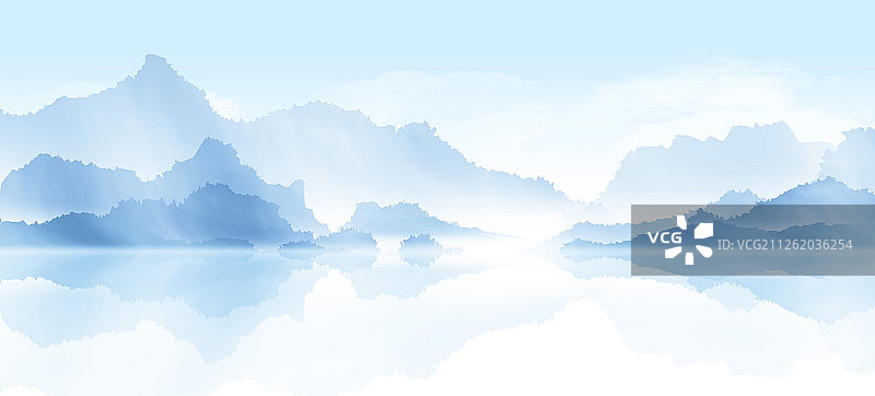 蓝色山水画  简约意境手绘山水图片素材