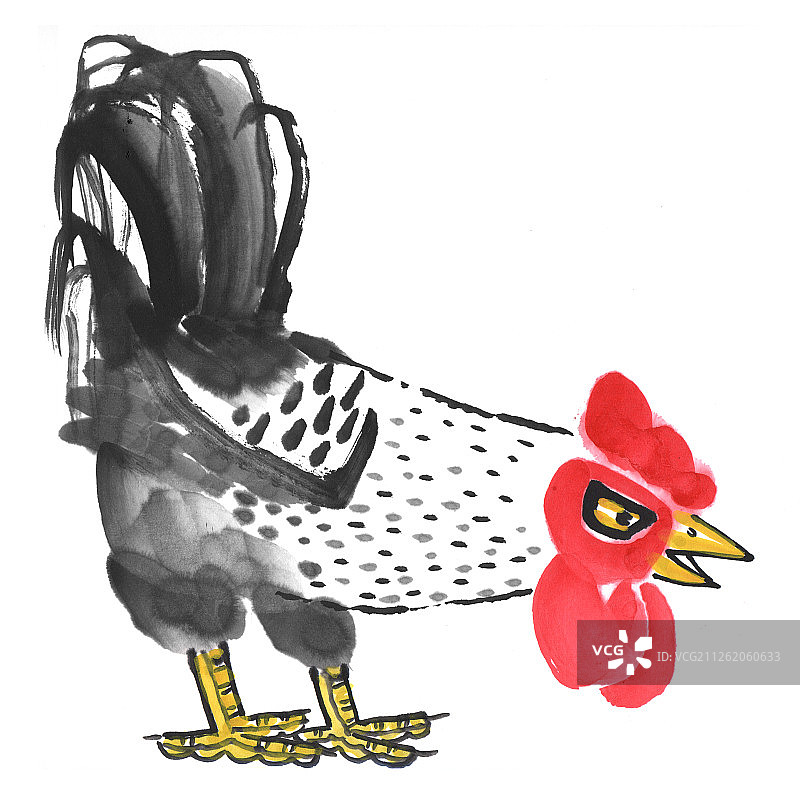国画水墨插画-十二生肖低头的公鸡图片素材