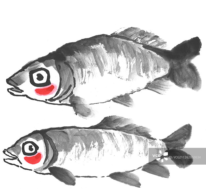 国画水墨插画-两条鱼图片素材