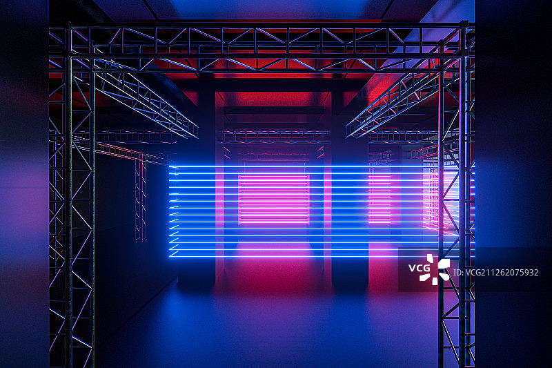 室内钢架水泥结构与霓虹灯光 三维渲染图片素材