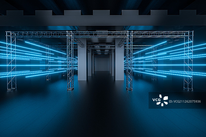 室内钢架水泥结构与霓虹灯光 三维渲染图片素材