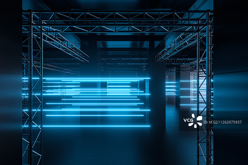 室内钢架水泥结构与霓虹灯光 三维渲染图片素材