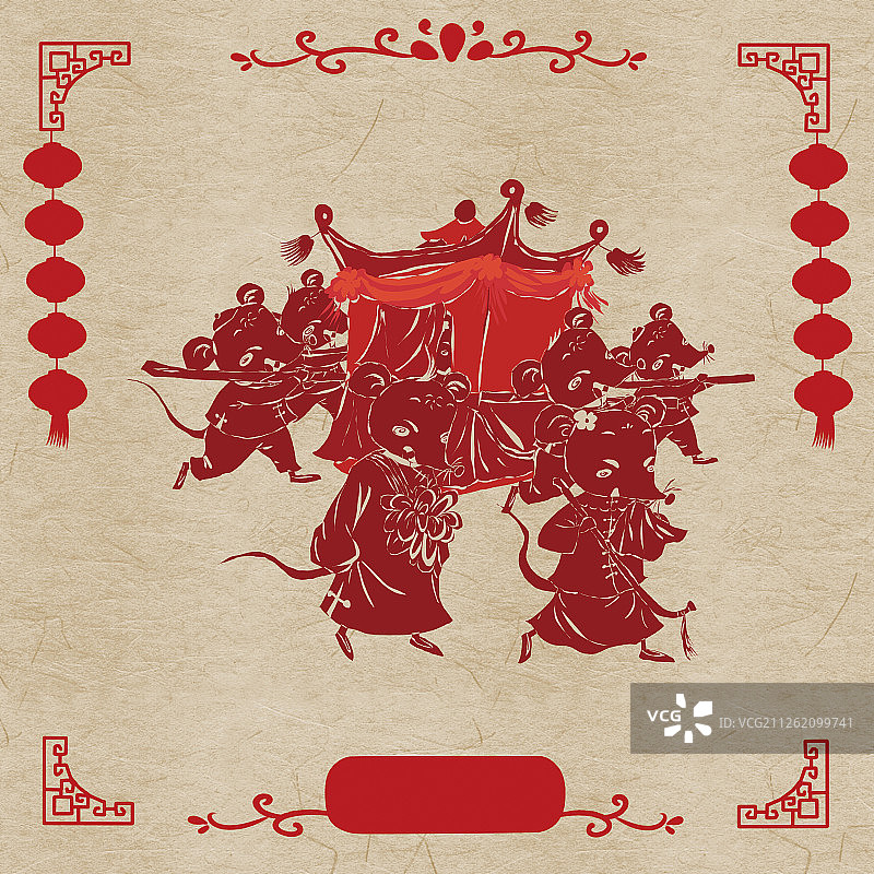 中国风剪纸风2020鼠年春节年俗系列- 大年初三老鼠嫁女图片素材
