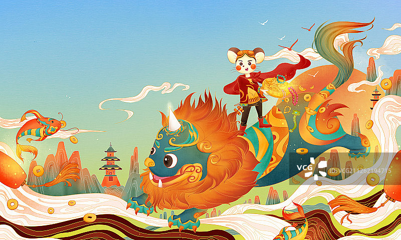 蓝天下云端的年兽背上站着拿聚宝盆的老鼠 国潮风鼠年插画图片素材